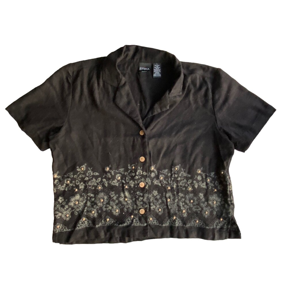 Vintage‎ Erika Womens Linen Beaded Button Down Size L Black Floral Short Sleeve